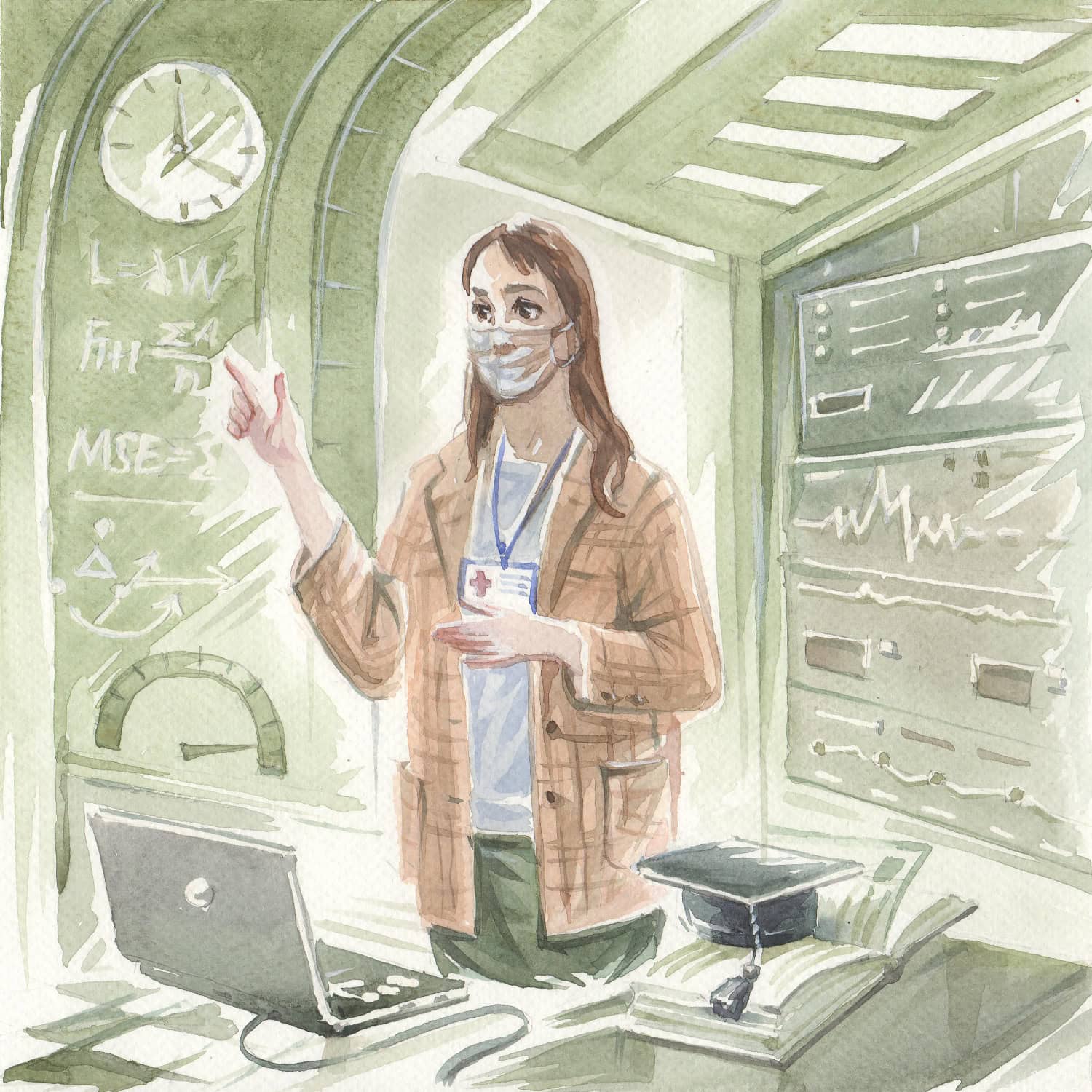 A woman wearing a mask points at a chalkboard filled with formulas in a classroom with a laptop, books, and medical badge visible.