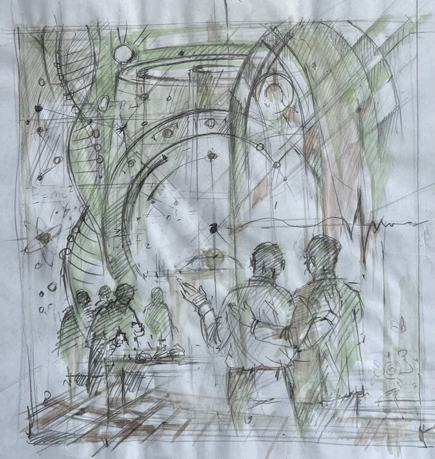 Sketch of several people in a science or laboratory setting, with charts, equations, and large circular structures in the background. Two figures stand in the foreground, discussing.