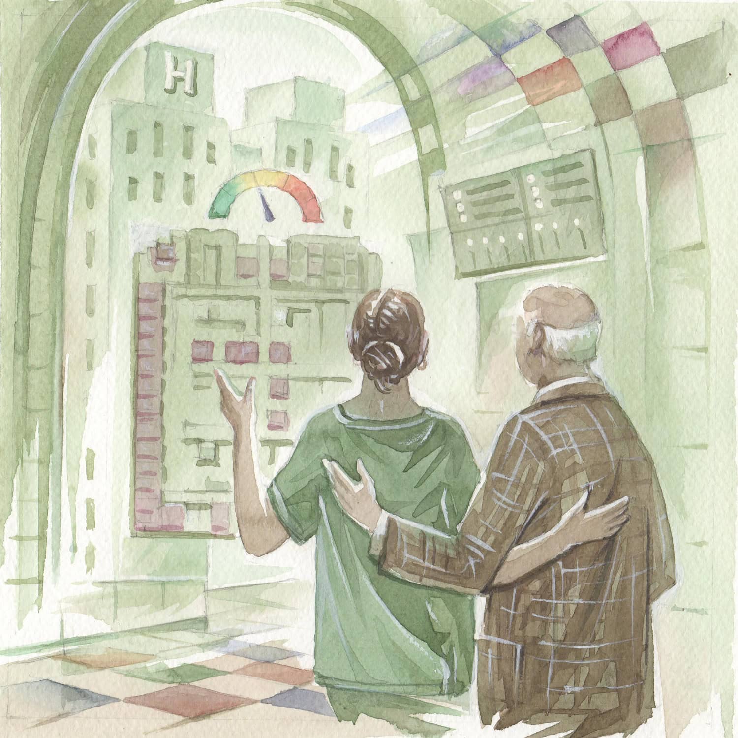 A nurse and an older man stand together, facing a hospital building with a large gauge and information boards visible in the background.